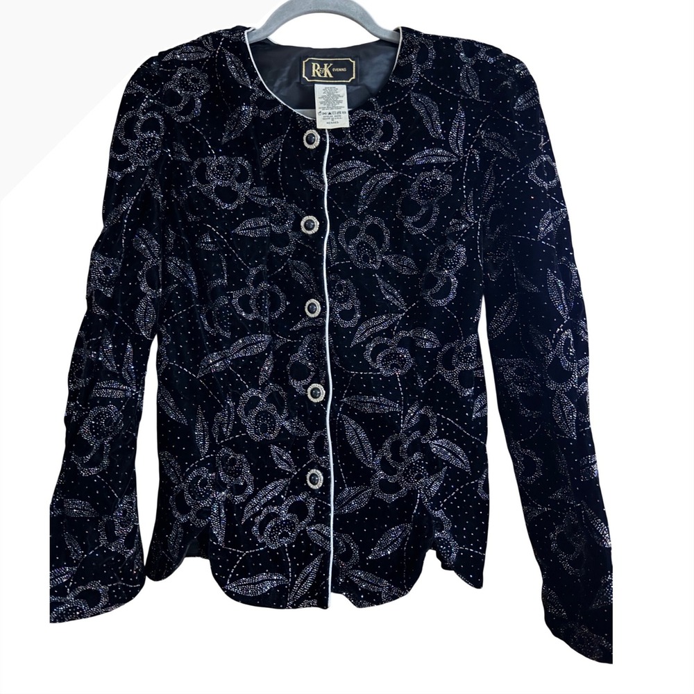 Vintage R&K Evening Black Velvet Glitter Floral Jacket Silver Metallic Scalloped